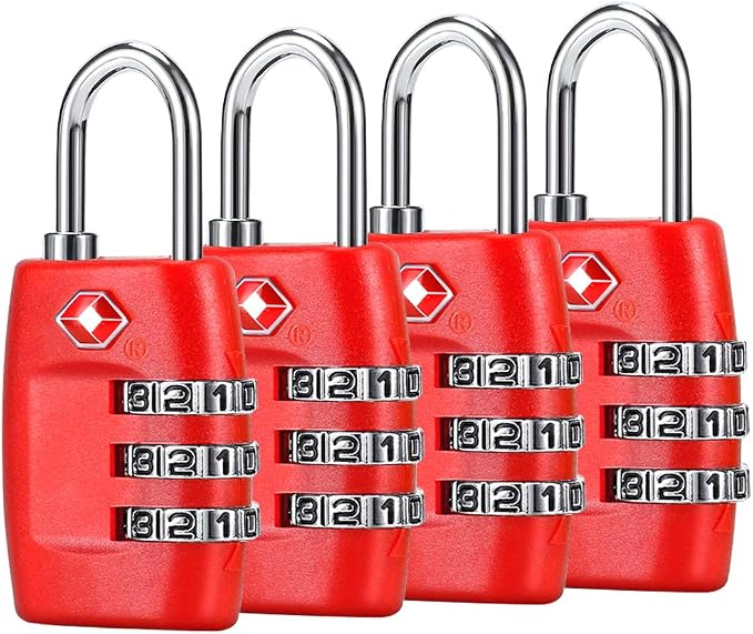 TSA Luggage Locks (4Pack) - 3 Digit Combination Padlocks - Approved Travel Lock for Suitcases & Baggage (Red) by Cluckyu
