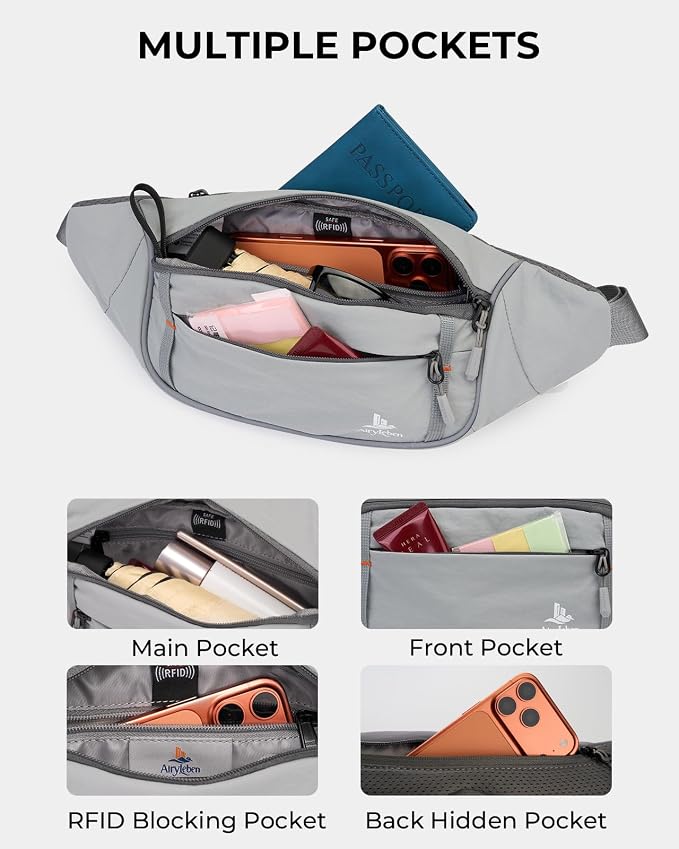 2.5L Fanny Pack for Women Men, RFID Blocking Crossbody Belt Bag, Gray | Lightweight Water-Resistant Fabric, Adjustable Belt, Breathable Back Padding, Waist Bag for Running Hiking Dog Walking - Image 3