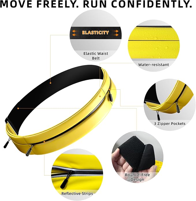 Running Belt for Men Women, Water-resistant Fanny Pack with 3 Zipper Pockets & Reflective Safety Strips, Adjustable Waist Pack Jogging Pouch for Phone, Keys & Essentials (Yellow, Large) - Image 7