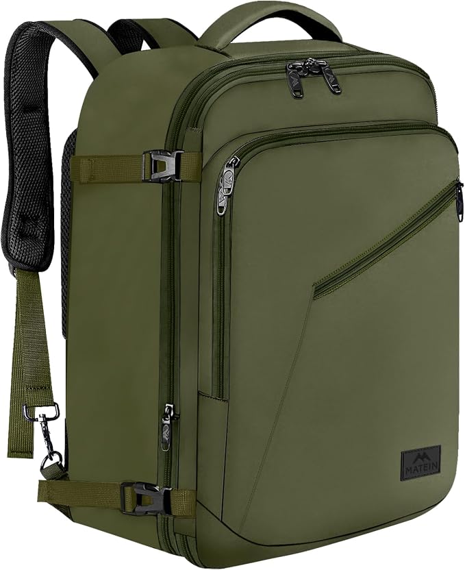 MATEIN Expandable Air Travel Backpack, Light Weight Carry on Backpack | Personal Item Backpack with Trolley Sleeve, Water Resistant Daypack for Hiking, Gifts for Men who Like to Travel, Dark Green by MATEIN