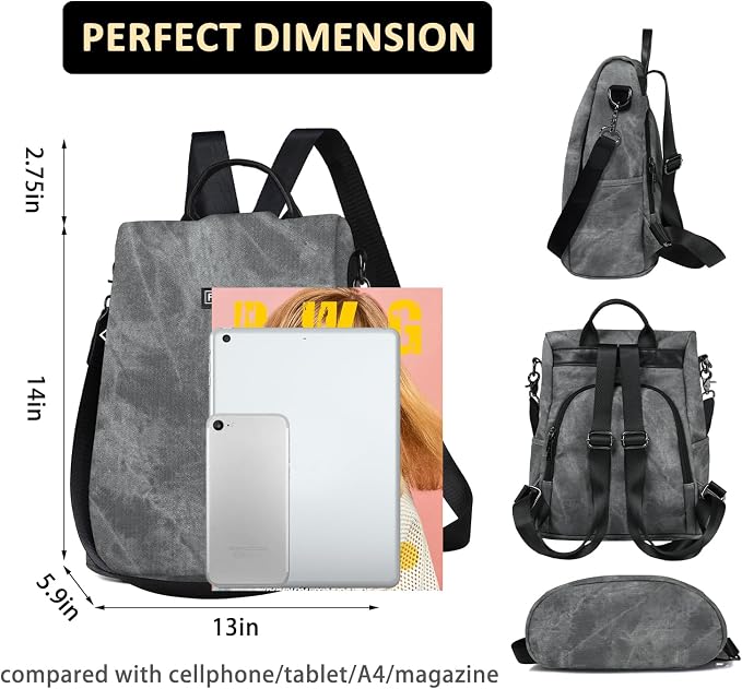 Convertible Backpack Purse for Women Anti Theft Nylon Backpack Grey | Hidden Back Zipper Opening, Compact Travel Size,PU Leather, Daypack for College Work, Fits 13-inch laptop - Image 2