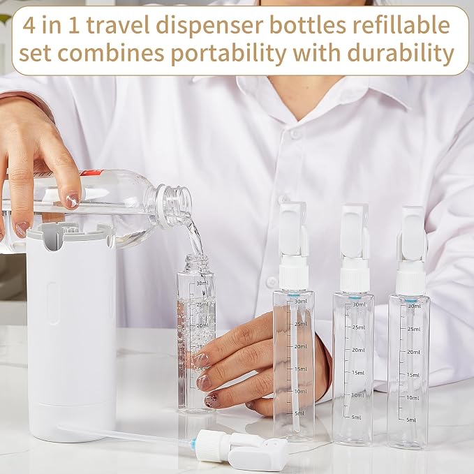 4 in 1 Travel Dispenser Bottle Refillable Leak Proof and Portable for Shampoo, Conditioner, Shower Gel & Toiletries Perfect for Vacation, Camping & Gym. (White) - Image 8