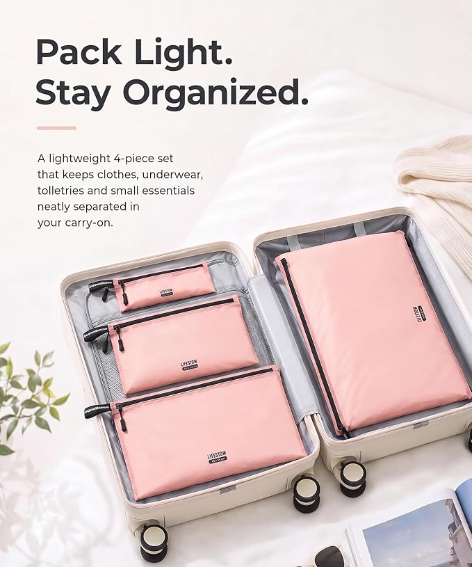 Ultralight Travel Organizer Bags, 4 Set Lightweight Zipper Pouches for Packing, Soft Packing Cubes for Carry-On Suitcase, Clothes, Underwear, Toiletries and Small Essentials, Blush Pink - Image 3
