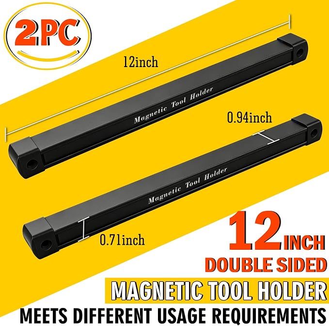 Double Sided Magnetic Tool Holder, 12 Inch Magnetic Tool Bar, Heavy Duty Wall Mount Strip with Ultra Strong Magnet for Garage, Workshop, Jobsite, Shed and Kitchen (2 Pack) - Image 2