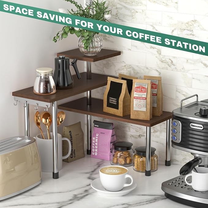 ZHWS Bathroom Counter Organizer for MakeUps, Dresser Table, Kitchen Countertop Organizer Adjustable 3 Tier Corner Shelf with 4 Metal Hooks for Coffee Bar, Spice Rack, Over Sink - Image 4