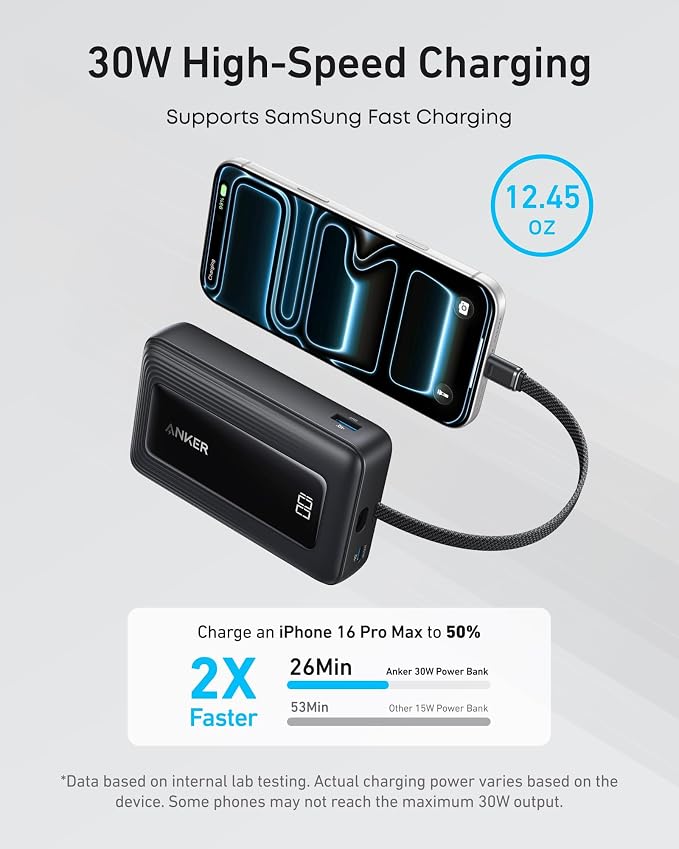 Anker Zolo Power Bank,20,000mAh 30W Portable Charger with Built-in USB-C | High-Speed Charging for iPhone 17 / 16 / 15 Series, Galaxy, and More - Image 2