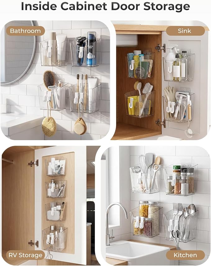 Wall Mount Organizer, 8 Hooks and 6 Pack Cabinet Door Storage Bins, Space-Saving Adhesive Bathroom Wall Organizer, Clear Wall Storage for Office, Cabinet, Pantry, Kitchen, Makeup - Image 5