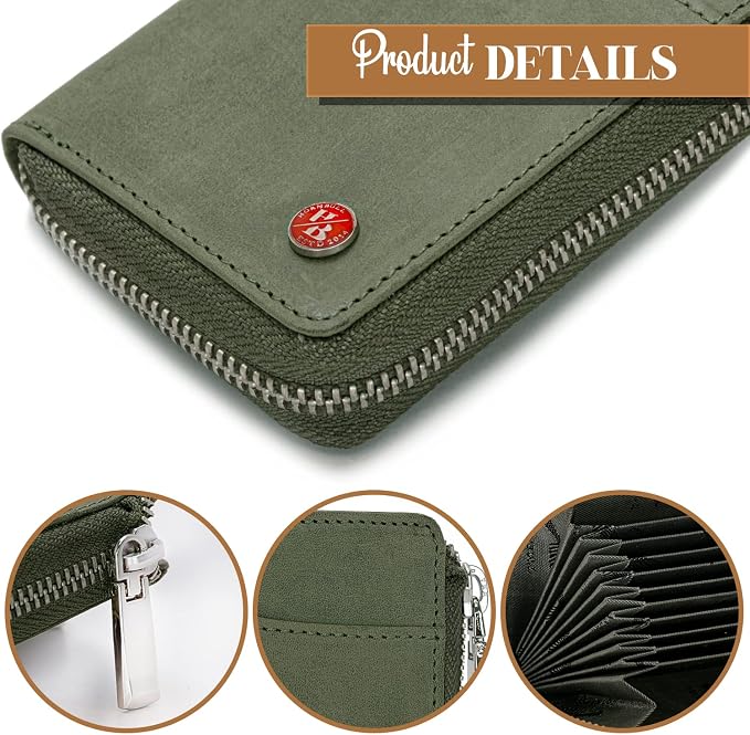 HORNBULL Steve RFID Blocking Leather Wallet for Men | Vertical Credit Debit Card Holder, Zip Around Wallet (Olive Card Holder) - Image 5