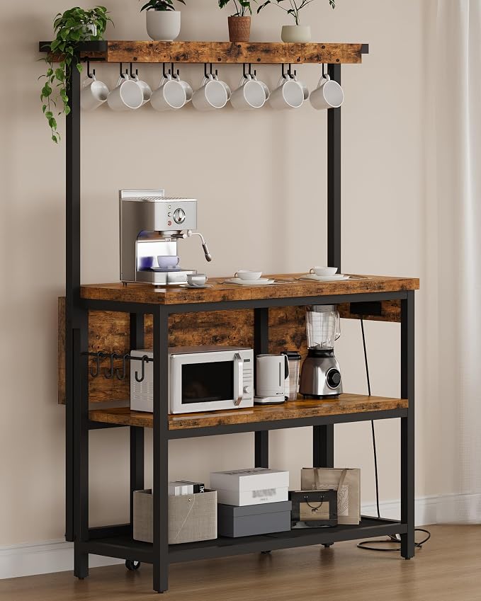 Kitchen Island with Power Outlet, Kitchen Island Table with Folding Top, Stationary Storage Islands, Coffee Bar with Outlets and USB Ports, for Dining Room, Rustic Brown and Black TZD01UBF - Image 4