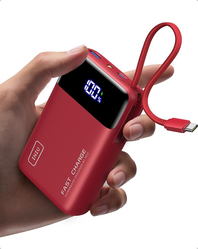 INIU 20000mAh Portable Charger, Smaller 45W Fast Charging Travel Power Bank | Flight-Safe, Built in USB-C Cable, Travel Essential, Battery Phone Pack for iPhone 17 16 Pro, Samsung S26, iPad etc, Red by INIU