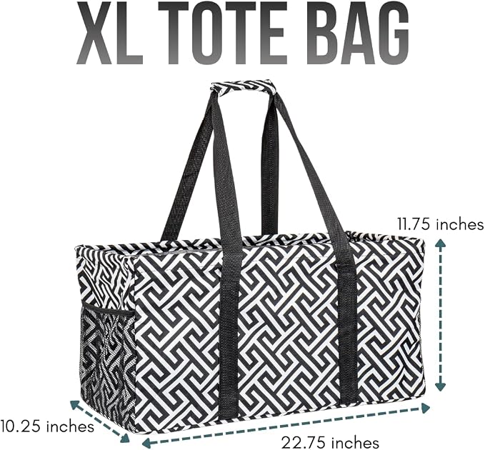 Extra Large Utility Tote Bag - Oversized Collapsible Reusable Wire Frame Rectangular Canvas Basket With Two Exterior Pockets For Beach, Pool, Laundry, Car Trunk, Storage - Geometrc Black - Image 4
