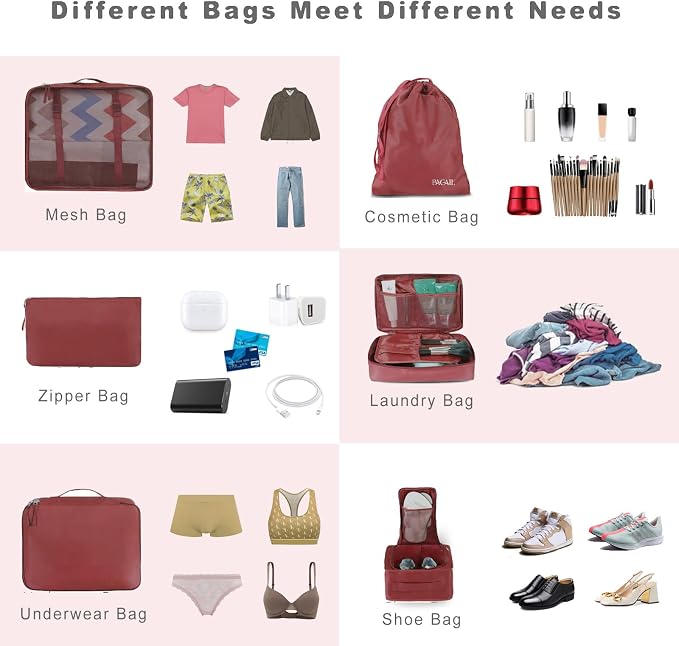 BAGAIL 8 Set Packing Cubes Luggage Packing Organizers for Travel Accessories-Wine Red - Image 5