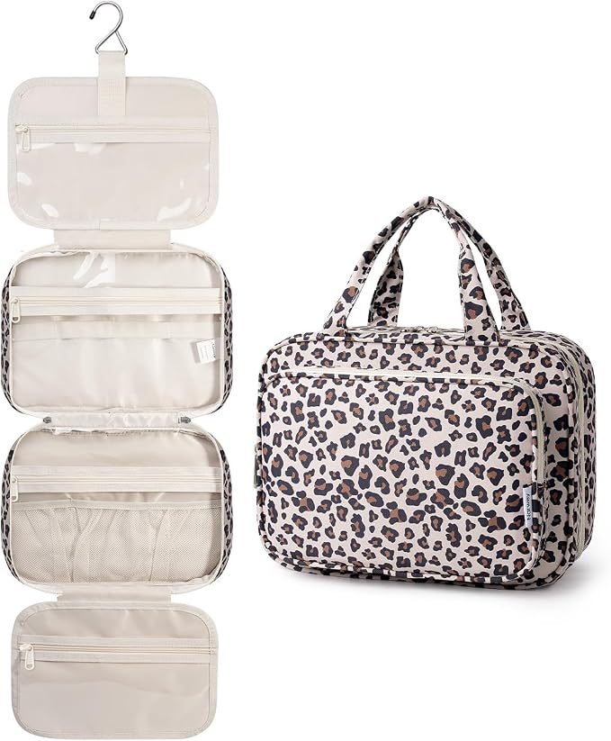 Narwey Travel Toiletry Bag for Women Large Capacity, Hanging Makeup Bag Organizer Toiletries Bag for Full Size Essentials, Accessories, Brushes, Cosmetics (Beige Leopard (Large)) by Narwey