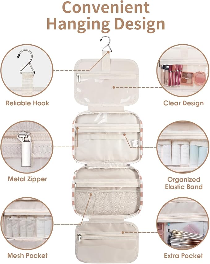 Narwey Travel Toiletry Bag for Women Large Hanging Makeup Bag Organizer Toiletries Bag for Full Size Essentials Accessories Cosmetics (Light Checkerboard (Large)) - Image 7