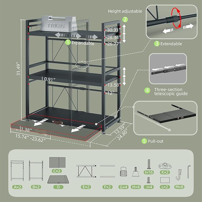 3 Tier Expandable Microwave Stand countertop,Microwave Oven Rack | Pull-Out Microwave Shelf, storage shelves for pans &appliances,Adjustable partition height，55 Lbs load Per Tier,Black - Image 3