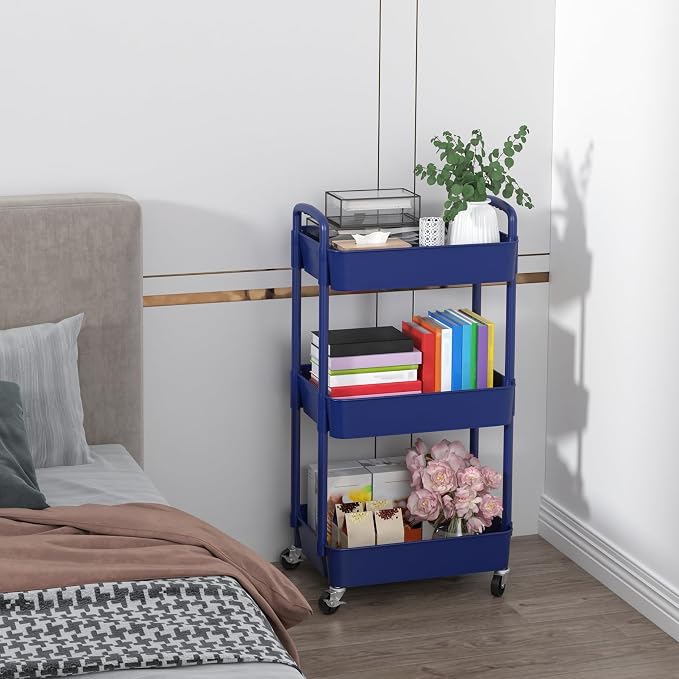 Sywhitta 3-Tier Plastic Rolling Utility Cart with Wheels for Storage,Blue | Multi-Functional Storage Trolley, for Office, Living Room, Kitchen, Bathroom,Movable Organizer,Space-Saving,Easy to assemble - Image 7