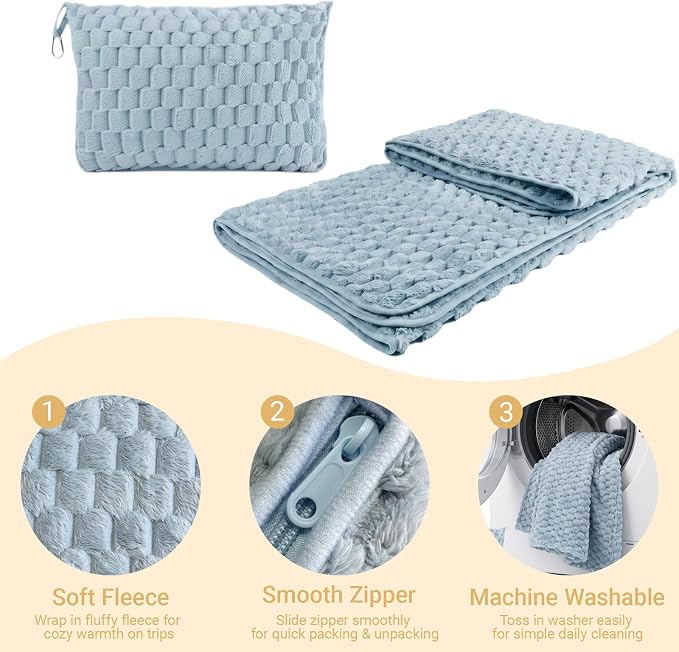 Travel Blanket with Bag, Soft Fleece Portable Airplane Blanket, Light Blue | Soft fleece travel blanket 50x60in grey. 5-in-1: pillow, lumbar support, shawl, hand warmer. Washable, luggage sleeve, clip. - Image 2