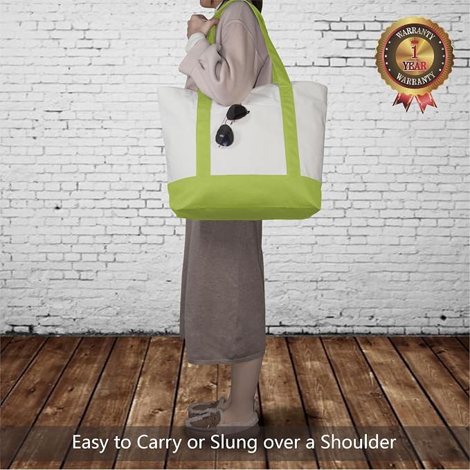TOPDesign 6-Pack Canvas Tote Bags with an External Pocket, Reusable Grocery Shopping Bags, Top Zipper Closure, Daily Essentials (Light Green/Natural) - Image 2