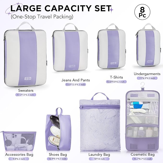OlarHike 8 Set Compression Packing Cubes for Travel Essentials,Compressible Expandable Space Saver Bags for Organizing Clothes,Luggage Suitcase Garment Bags with Over 1000 pcs Mesh Holes(Purple Gray) - Image 2