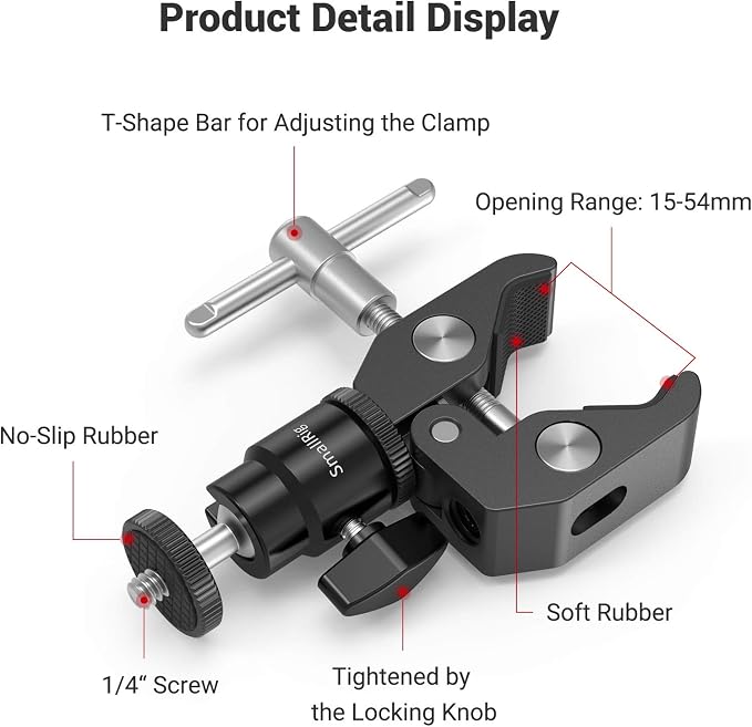 SMALLRIG Super Clamp Mount with Mini Ball Head Mount for Action Cameras | Hot Shoe Adapter with 1/4" screw for Monitors/Lights/Flash, for GoPro, for DJI, for Insta360 - Image 5