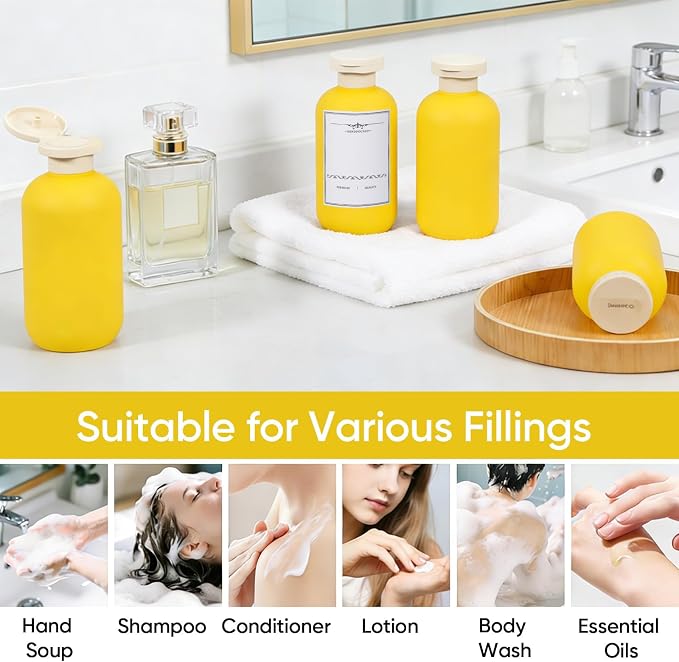 DEMORA 6.6oz Travel Bottles for Toiletries, Larger Plastic Travel Squeeze Bottles Leak Proof Refillable Toiletry Containers with Flip Caps and Labels for Shampoo Conditioner Lotion (Yellow, 4 Pcs) - Image 6