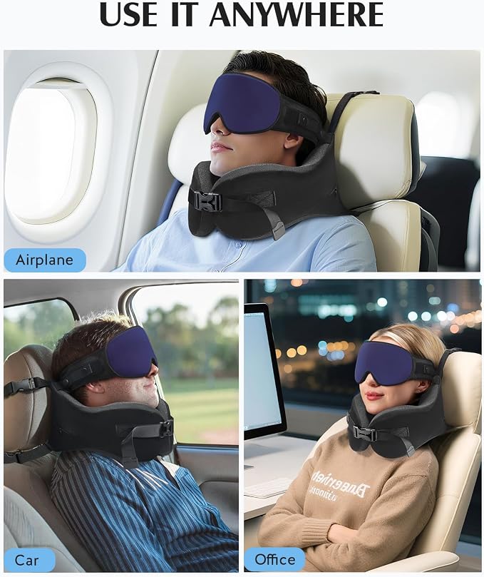 YFONG Travel Pillow with Head Support & Sleep Mask for Long Flights, Blue | Patented 360° Support System, Prevents Bobbing, Airplane Head Strap, 3D Eye Mask, Memory Foam Neck Pillow, Travel Essential - Image 9