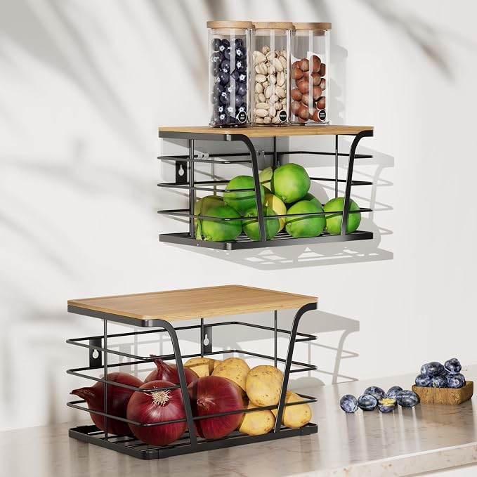 TIDIIABODE 2 Pack Extra Large Pantry Storage Organizers, Pantry Baskets organization, Potato and Onion Storage Bin, Wall Mount Trash Bag Storage for 13-33 Gallon Bags with Bamboo Top, Black - Image 4