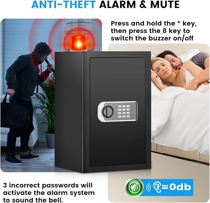 [19.7" Tall] Safe Box, 3.5 Cuft Home Safes with Fireproof Waterproof Bag | Security Digital Safe for Home with Programmable Keypad Keys, Smart Alert, Mute Mode, Anti-theft Document Safe for Valuables - Image 5
