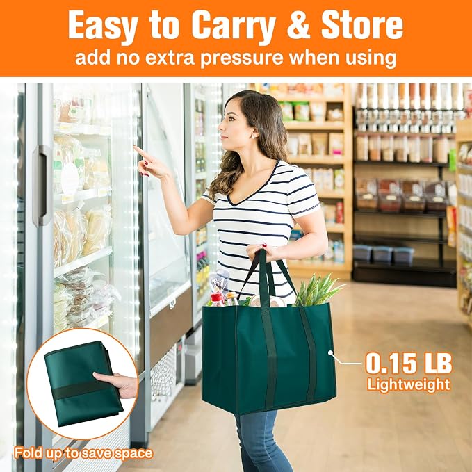 WISELIFE Reusable Grocery Bags, Foldable, Lasting Use, 35L, 6 Pack, Green | Large Shopping Bags with Reinforced Stitching, Water-Resistant Grocery Totes for Kitchen, Market, Car Trunk, Picnic - Image 6