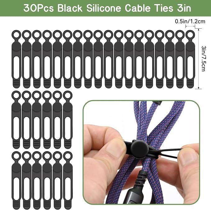 30Pcs Silicone Cord Organizer Reusable 3in Cable Ties for Charging Cords, Data Cables, Computer Wires Electrical Cord Organization Black - Image 3