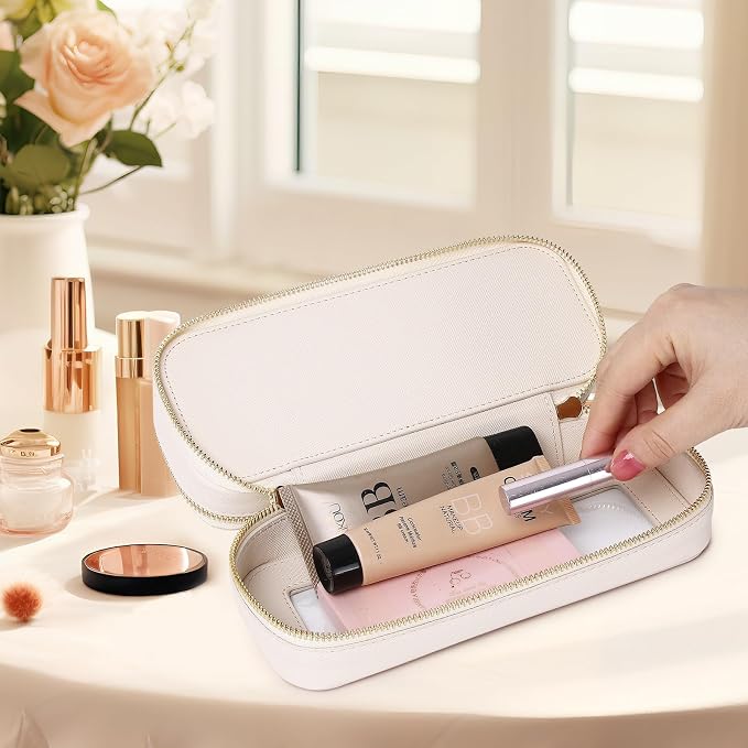 Pinkmik Double Layer Makeup Bag, Beige, Double SLIM | Makeup Brush Case, Waterproof, Travel Cosmetic & Toiletry Organizer - Image 3