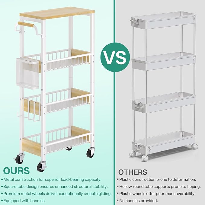 DTUQYX Slim Bathroom Storage Cart, 4 Tier Small Rolling Organizer Cabinet with Wood Top Handle, Mobile Shelving Unit Slide Out for Office, Kitchen, Laundry Room & Narrow Places (9.1" W Wood Basket) - Image 5