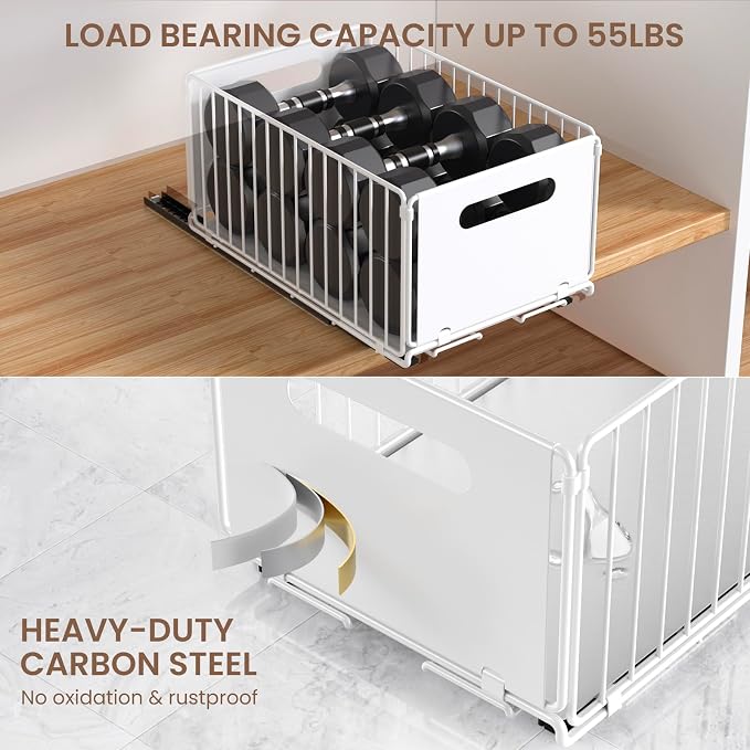 2 Pack Pull Out Cabinet Organizer, Heavy Duty Slide Out Drawer with No Drill Adhesive or Screw Mount, Carbon Steel Roll Out Shelf for Kitchen Cabinet, Pantry & Bathroom Storage - Image 4