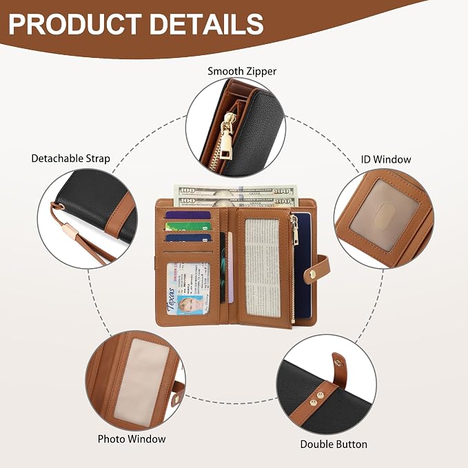 Small Wallet Women RFID Blocking Vegan Leather Slim Thin Bifold Credit Card Wallet Passport Holder Ladies Travel Wallet Mini Purse with Zipper Pocket - Image 3