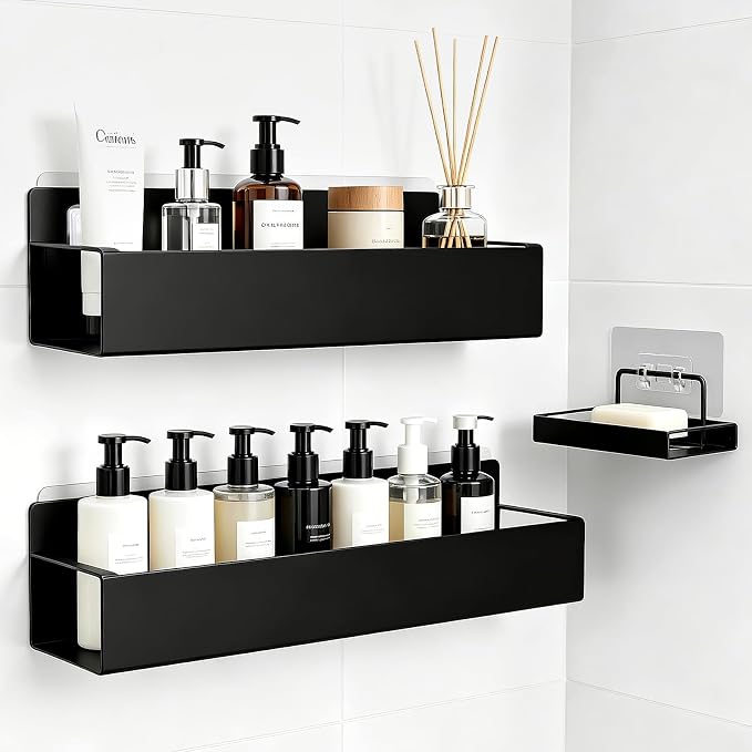 Wall-Mounted Bathroom Storage Shelf Organizer Rack for Toiletries Skincare | Shower Caddy 3 Pack Black Adhesive Shower Organizer Bathroom Shelf Organizer No-Drill Bathroom Organizers and Storage ﻿ by CCAENI