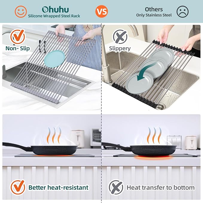 Ohuhu Sink Drying Rack, 20.5" W x 16.1" L Over The Sink Roll-Up Dish Drainer - Rolling Foldable Sink Accessories Heat-Resistant Mat Anti-Slip Silicone Coated Multipurpose for Kitchen Counter - Image 5