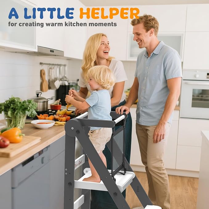 Foldable Toddler Tower, 3 Adjustable Height, Toddler Kitchen Stool Helper | Wooden Standing Tower with Safety Net ,Safety Feet,for Kitchen, Bathroom, Study Room,Offer Customer Service - Image 2