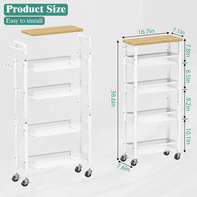 Slim Storage Cart 5 Tier Narrow Kitchen Rolling Cart on Wheels for Small Space, Metal Utility Cart Narrow Bathroom Storage Cabinet Mobile Shelf Unit Organizer with Wood Top and Handle, White - Image 6