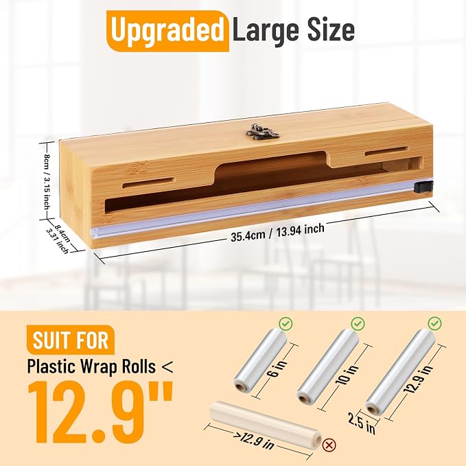 Allinside Magnetic Plastic Wrap Dispenser with Cutter and Labels, Aluminum Foil Holder, Wax Paper Storage Box for Refrigerator, Kitchen Bamboo Organizer Compatible with 12.9" Roll (1 Layer) - Image 6