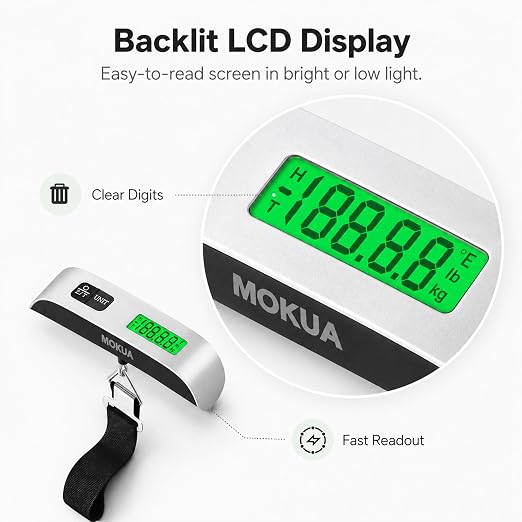MOKUA Portable Digital Luggage Scale, 110lbs Hanging Baggage Scale with Backlit LCD Display, Portable Suitcase Weighing Scale, Travel Luggage Weight Scale with Hook - Image 2