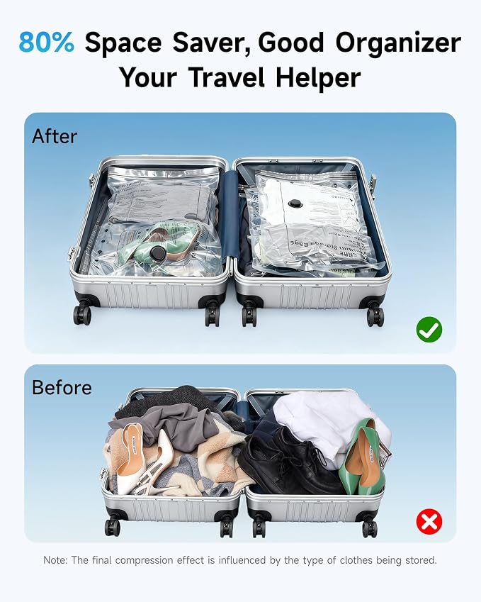 Travel Vacuum Bags with 2026 Lastest Wireless Pump, 8 Pack-4 Sizes Space Saver Vacuum Storage Bags for Luggage and Suitcase, Compression Bags for Packing, Vacuum Seal Bags for Clothing Travel - Image 3