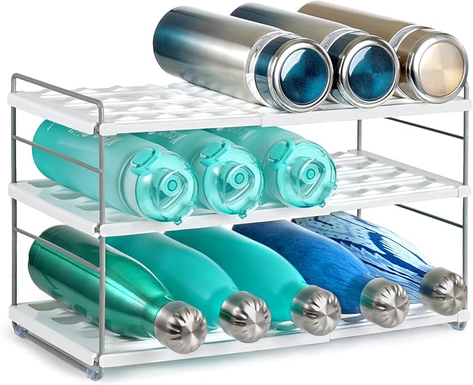 10.6-16.7" Adjustable Width Water Bottle Organizer for Cabinet, 3-Tier Expandable Water Bottle Holder Rack, Cup and Tumbler Storage for Kitchen Organization, Sports Flask, Insulated Travel Mug, Fridge by JUPELI