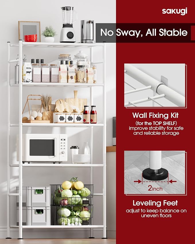 Sakugi Storage Shelves - 5 Tier Shelf Organizer, Heavy Duty Garage Shelving Unit with Leveling Feet, Stable Metal Shelves Organizer for Pantry, Kitchen and Closet, 33.0" W x 12.6" D x 72.0" H, White - Image 8