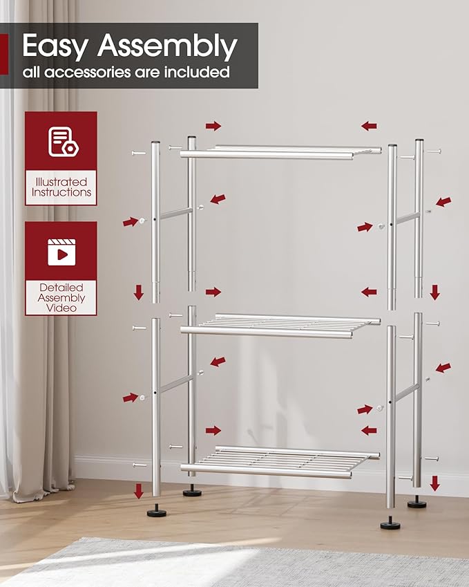 Sakugi Storage Shelves - 3 Tier Shelf Organizer, Sturdy Metal Shelving with Adjustable Leveling Feet, Space-Saving Shelves Organizer for Pantry, Laundry, Kitchen (18" x 12" x 30", Silver) - Image 6