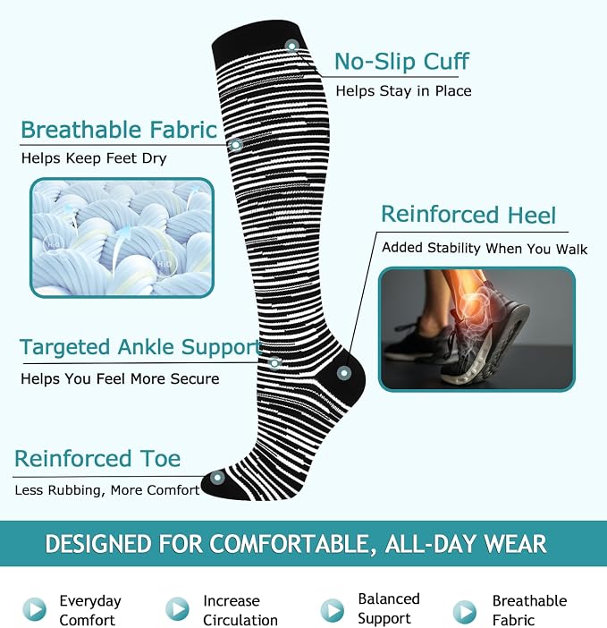 8 Pairs Compression Socks Women Men 15-20mmHg Knee High Support Circulation | Copper Nylon Graduated Stockings,Leg Fatigue, Nurses, Pregnancy, Running, Travel, Flight, Athletic, Medical - Image 4