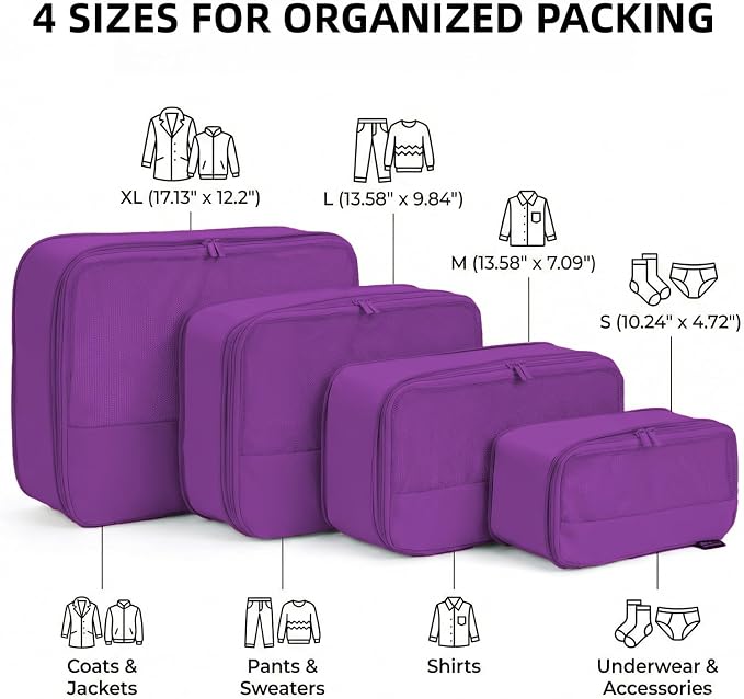 4 Piece Compression Packing Cubes for 3–7 Day Travel, Space Saving Travel Organizers with Breathable Mesh, Double-Zipper Packing Cubes for Carry-On & Suitcases (Purple) - Image 3