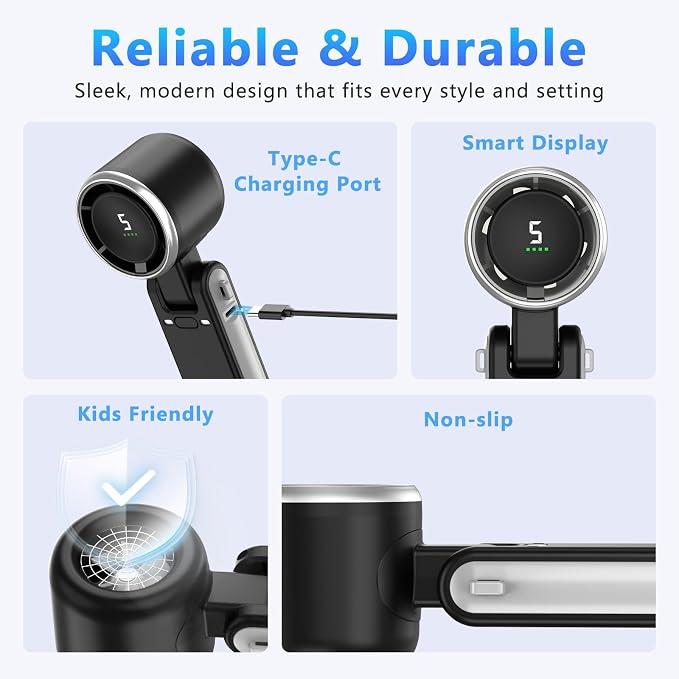 COO Portable Handheld Turbo Fan, 5-Speed Rechargeable Personal Fan | 180° Foldable 3 IN 1 Design with LED Display, Mini Desk Fan for Office, Travel & Outdoor Activities, Black - Image 3