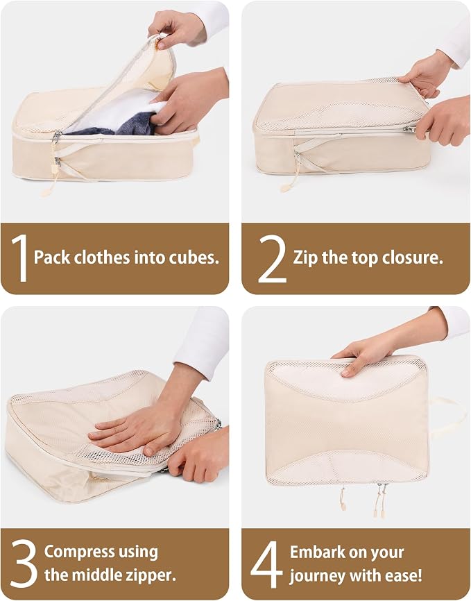 12pc Compression Packing Cubes for Suitcases, Expandable Travel Organizer Bags Set for Luggage, Lightweight Carry On Essentials, Beige - Image 8