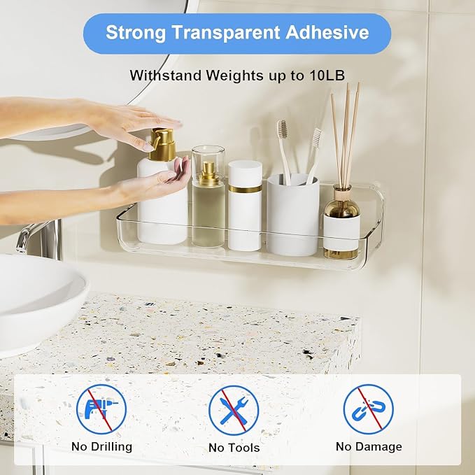 Acrylic Wall Mounted Shower Caddy, Large, Adhesive Bathroom Shelves | 4D" x 12.8"W x 3.3"H, No Drilling Acrylic Shelf, Adhesive Shelf, Bathroom Shelves with Adhesives for Bathroom, Kitchen - Image 6