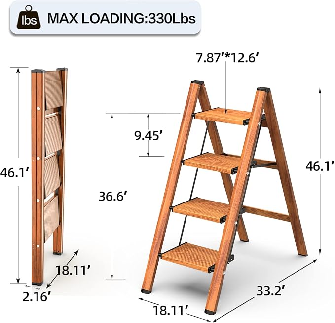 4 Step Ladder, Folding Step Stool with Anti-Slip Wide Pedal | Lightweight, Aluminum Material, 330LBS Load, Portable, Easy Storage, Space Saving, for Kitchen, Bedroom Use, Woodgrain - Image 5